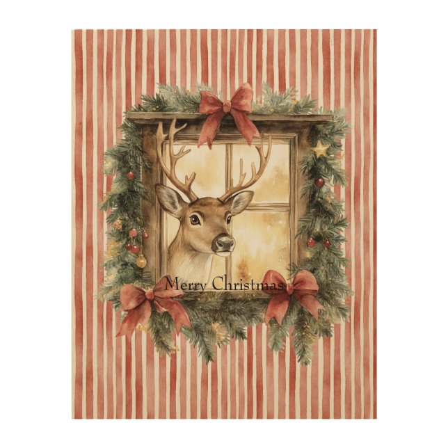 Deer in Window Red Stripes Bows Christmas Wood Wall Art (Front)