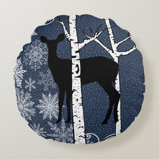 Deer in Winter Birch Forest Round Pillow (Front)