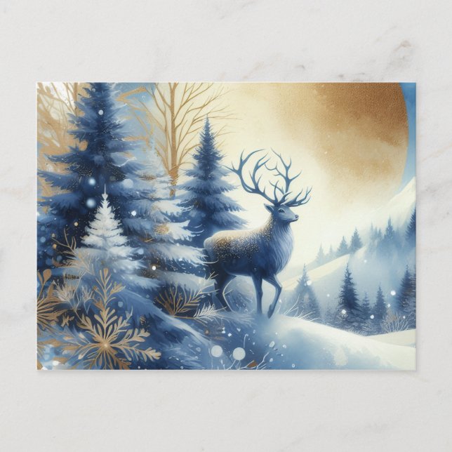 Deer in winter forest blue & gold design postcard (Front)