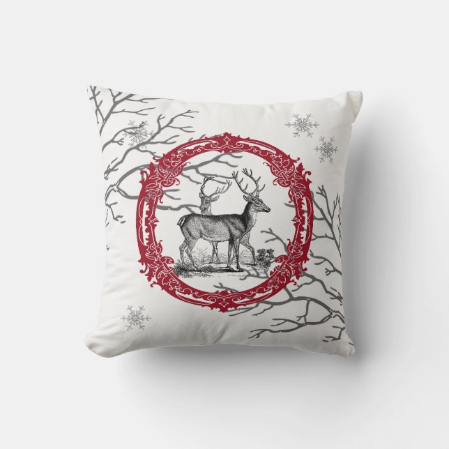Deer in Winter Forest Christmas Pillow (Front)