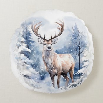 Deer In Winter Forest Round Pillow by FantasyPillows at Zazzle