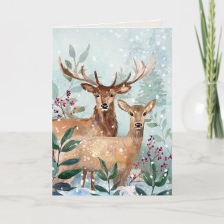 Deer in Winter Forest Watercolor