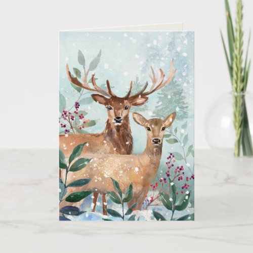 Deer in Winter Forest Watercolor Card