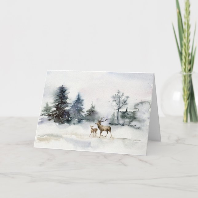 Deer in Winter Scene of Pine Trees Christmas Card (Front)