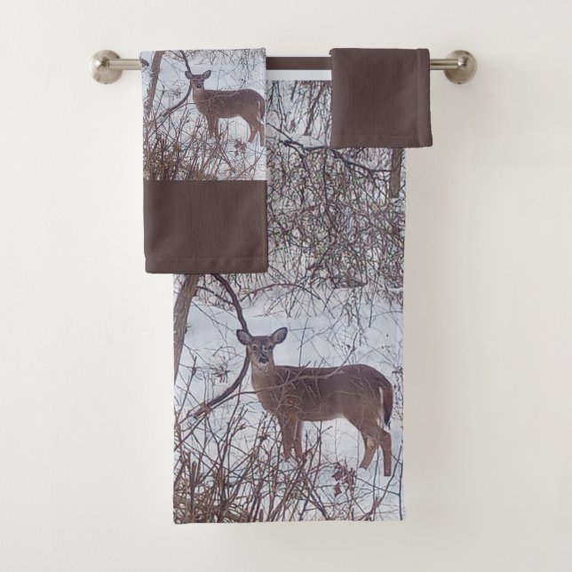 Deer in Winter Snow Brown and Gray Bath Towel Set (Insitu)