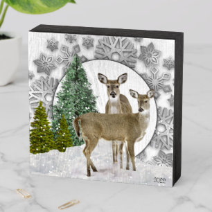 Deer in Winter with Snowflakes Wooden Box Sign