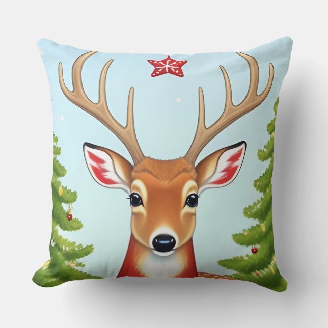 Deer in Winter Wonderland Scene Throw Pillow (Front)