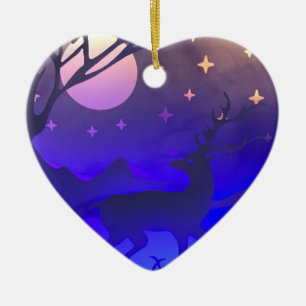 Deer in winter wood night time scene ceramic ornament