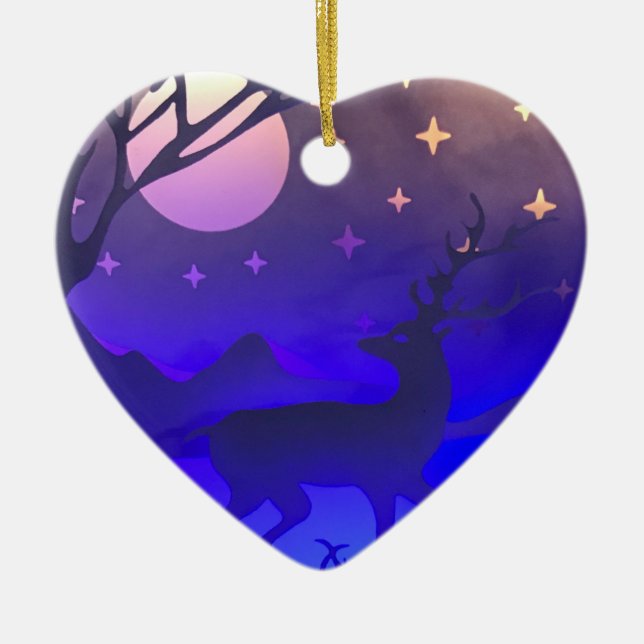 Deer in winter wood night time scene ceramic ornament (Front)