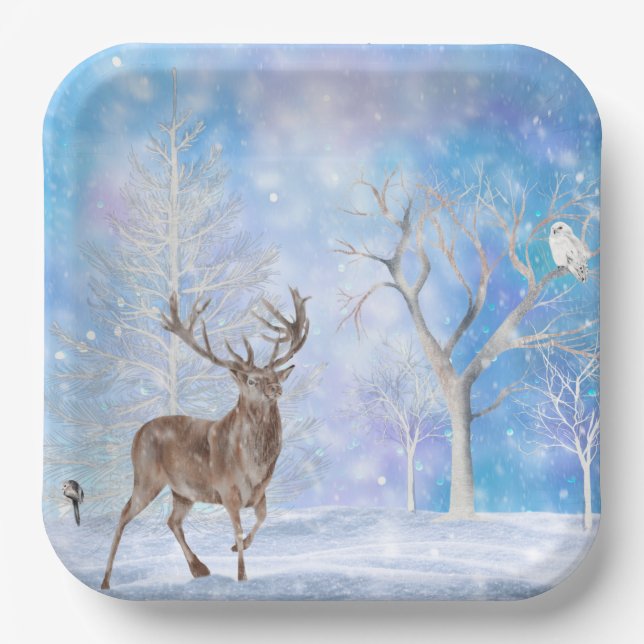 Deer In Winter Woods Holiday Paper Plates (Front)