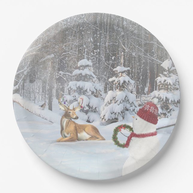 deer in woods with Christmas snowman Paper Plates (Front)
