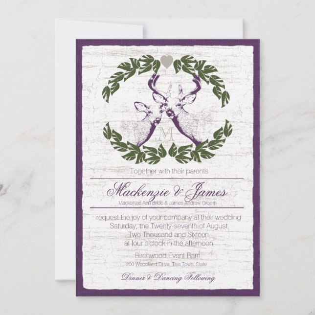 Deer in Wreath with Monogram Plum Invitation (Front)