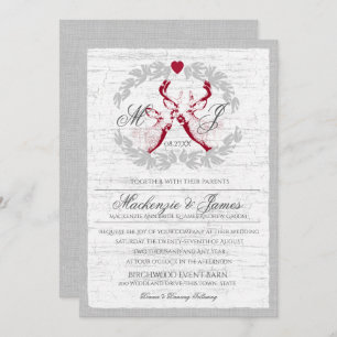 Deer in Wreath with Monogram Silver and Red Invitation