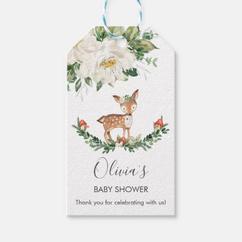 Deer Ivory White Floral Baby Shower Birthday Favor Gift Tags