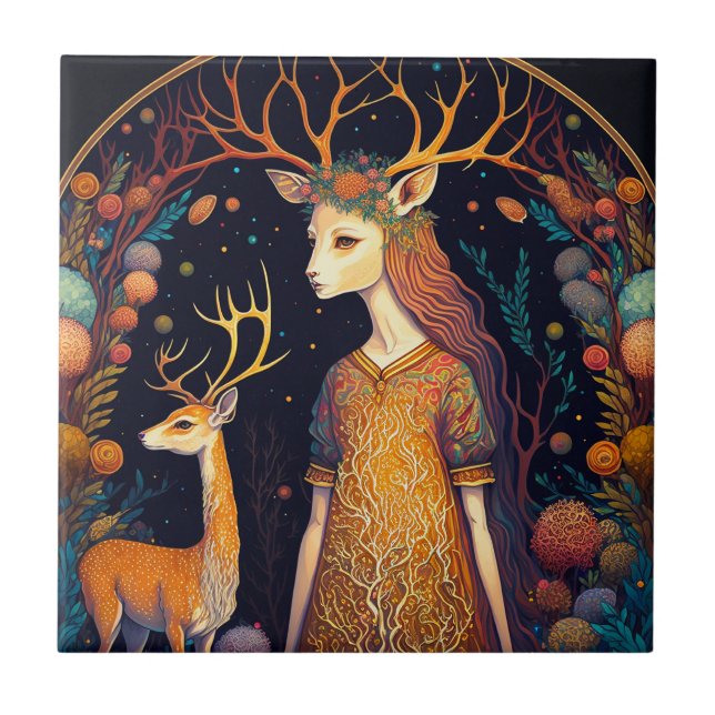 Deer Lady Fantasy Art Ceramic Tile (Front)