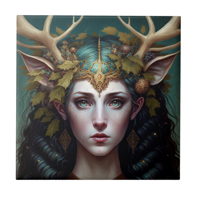 Deer Lady Fantasy Art Ceramic Tile (Front)