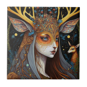 Deer Lady Fantasy Art Ceramic Tile