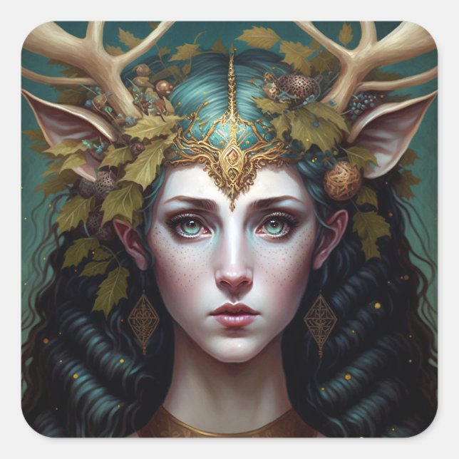 Deer Lady Fantasy Art Square Sticker (Front)