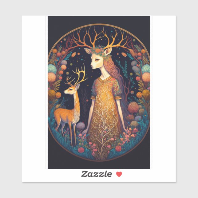 Deer Lady Fantasy Art Sticker (Sheet)
