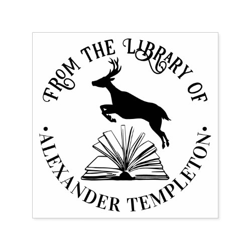 Deer Leaping Over Open Book Library Name Self_inking Stamp