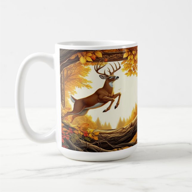 Deer Leaping Through an Enchanting Autumn Forest  Coffee Mug (Left)