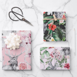Deer leopard grey pink black peonies floral wrapping paper sheets