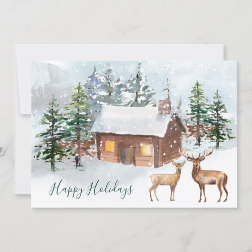 Deer log cabin Christmas Party Flat Greeting Card