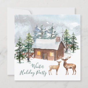 Deer, log cabin Christmas Party Flat Greeting Card