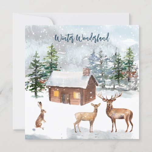 Deer log cabin hare Christmas Party Flat Card