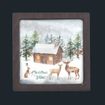 Deer, log-cabin, hare Magnetic Wooden Gift Box<br><div class="desc">This design depicts a watercolor illustration of winter woodland scene -  the fir trees,  log-cabin,   two deer and hare. You can adjust text according to your requirement</div>