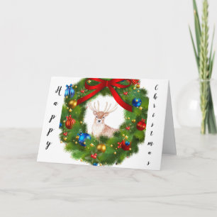 Deer looking through a Christmas Wreath Letterpress Thank You Card