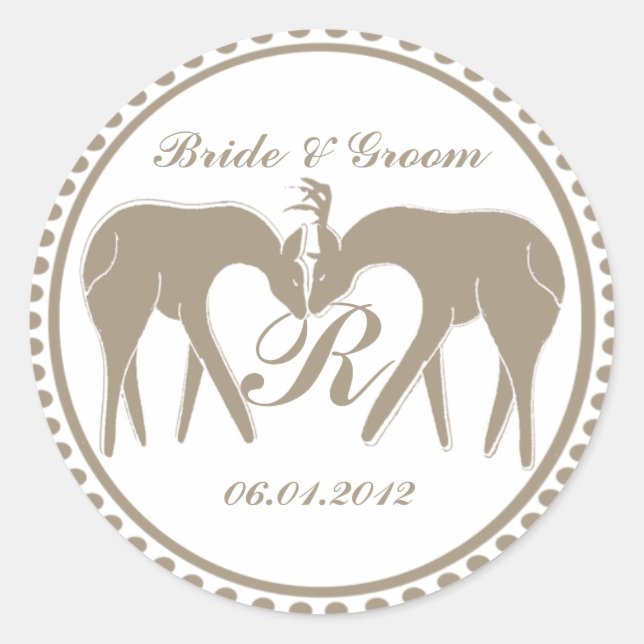 Deer Love Wedding Monogram Classic Round Sticker (Front)
