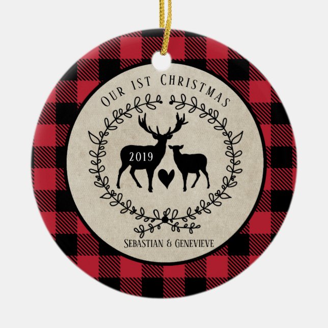 Deer Lumberjack Buffalo Plaid Rustic Christmas Ceramic Ornament (Front)