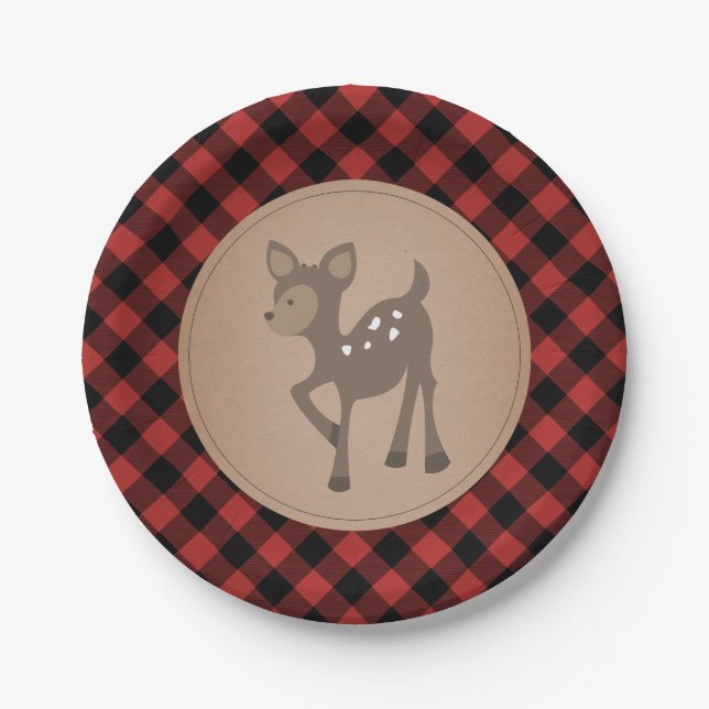 Deer Lumberjack Plaid Baby Shower Paper Plates (Front)