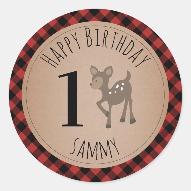 Deer Lumberjack Plaid Birthday Classic Round Sticker (Front)