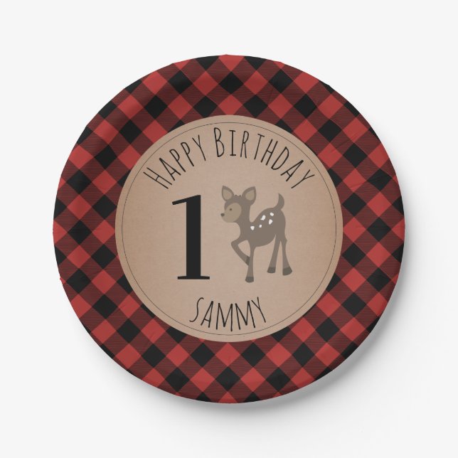 Deer Lumberjack Plaid Birthday Party Paper Plates (Front)