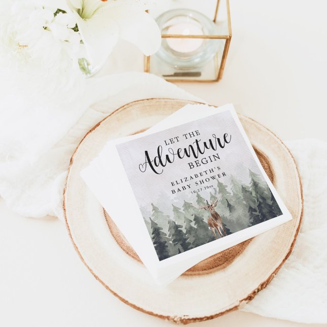 Deer Misty Pine Forest Adventure Baby Shower Napkins (Creator Uploaded)