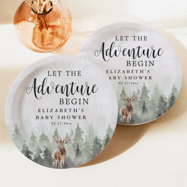 Deer Misty Pine Forest Adventure Baby Shower Paper Plates (Creator Uploaded)