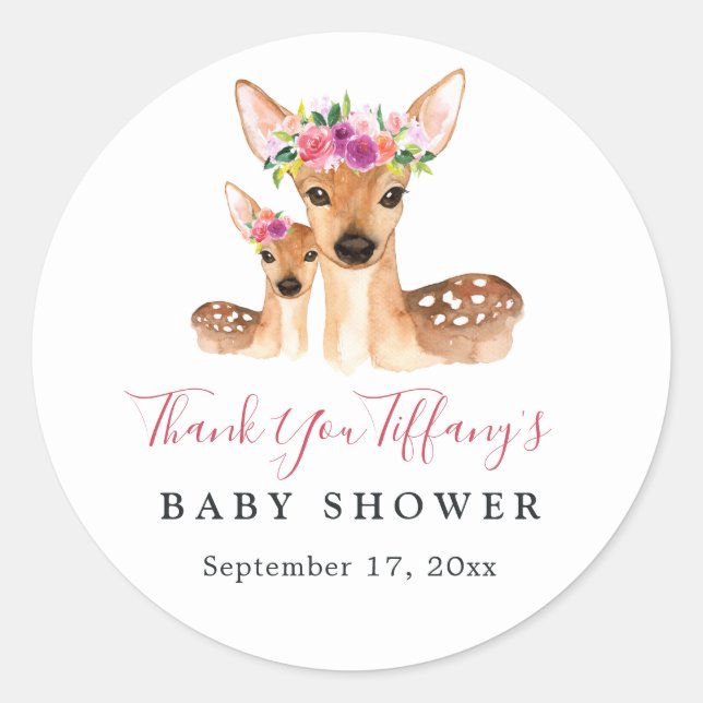 Deer Mom And Baby Floral Thank You Baby Shower Classic Round Sticker (Front)