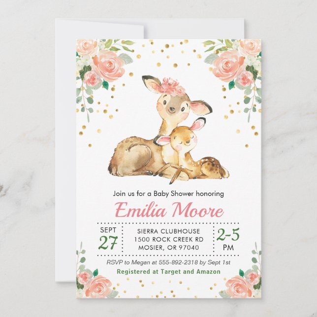 Deer Mommy and Baby Forest Shower Floral Peach Invitation (Front)