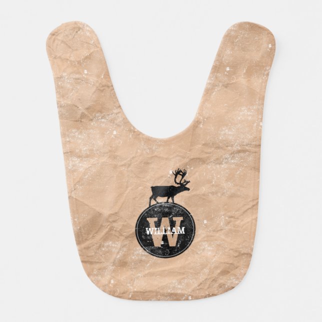 Deer Monogram Distressed Rustic Brown Kraft Paper  Baby Bib (Front)