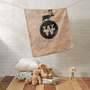 Deer Monogram Distressed Rustic Brown Kraft Paper Baby Blanket