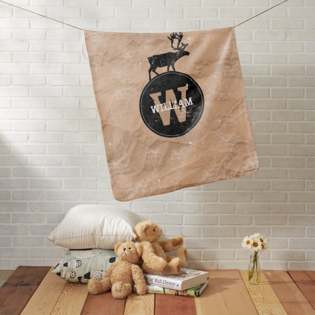 Deer Monogram Distressed Rustic Brown Kraft Paper Baby Blanket (In Situ)