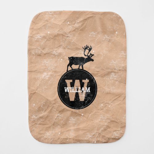 Deer Monogram Distressed Rustic Brown Kraft Paper Baby Burp Cloth