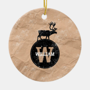 Deer Monogram Distressed Rustic Brown Kraft Paper Ceramic Ornament