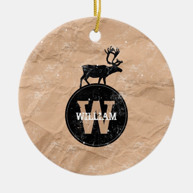 Deer Monogram Distressed Rustic Brown Kraft Paper Ceramic Ornament (Front)