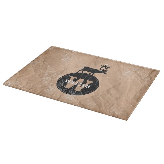 Deer Monogram Distressed Rustic Brown Kraft Paper Cutting Board (Corner)