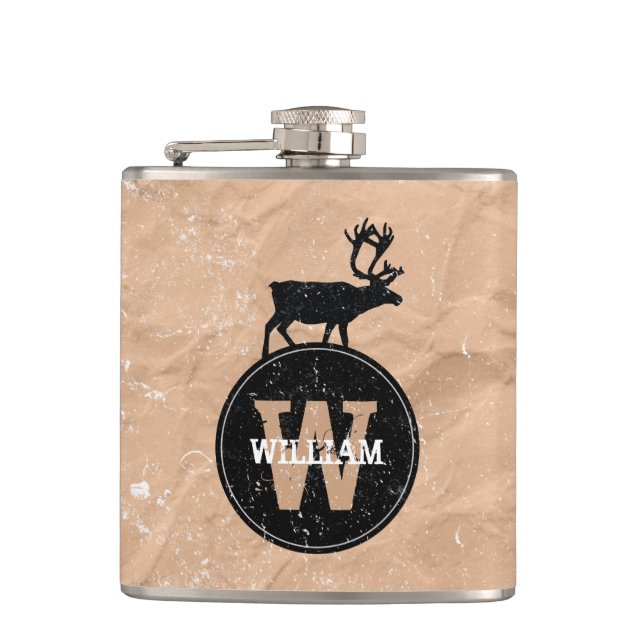 Deer Monogram Distressed Rustic Brown Kraft Paper  Flask (Front)