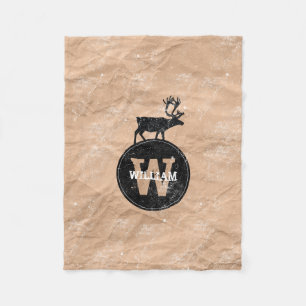Deer Monogram Distressed Rustic Brown Kraft Paper Fleece Blanket