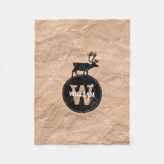 Deer Monogram Distressed Rustic Brown Kraft Paper Fleece Blanket (Front)